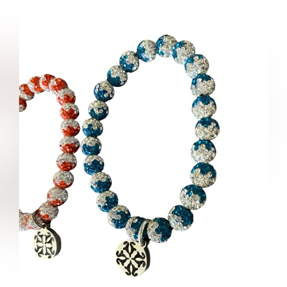 Rustic Cuff Double Bracelet Set Rhinestone Red & Blue Sparkle Stretchy - Picture 3 of 4